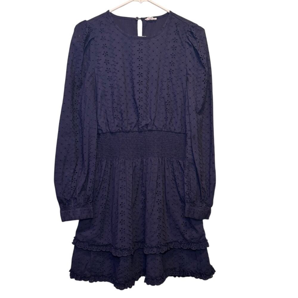 Splendid x Cella Jane Blog Navy Tiered Eyelet Long Sleeve Mini Dress Size S